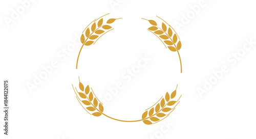 Four golden wheat stalks arranged in a circular wreath pattern, symbolizing agriculture and natural harvest on a white background.