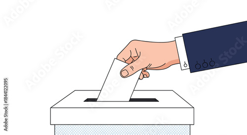Simple illustration of a hand in a business suit casting a vote by placing a ballot into a sealed election box.