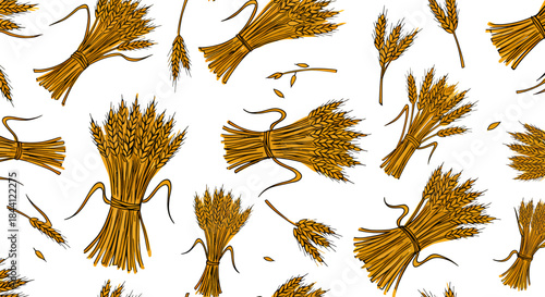 Seamless pattern with hand-drawn golden wheat bundles and individual stalks on a white background, illustrating harvest and agriculture.