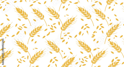 Seamless pattern of golden wheat ears and scattered grains on a white background, symbolizing harvest and agriculture.