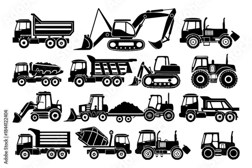 Collection of various heavy machinery and trucks in black silhouette on
