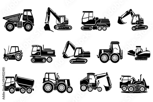 Collection of various heavy construction vehicles and equipment icons