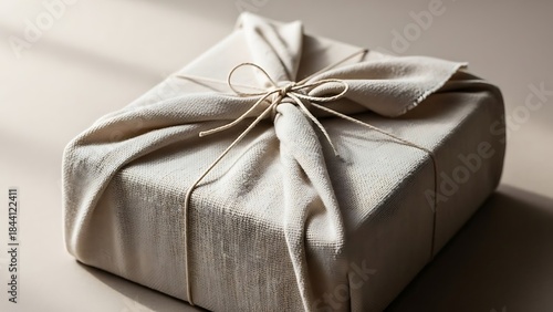 Elegant furoshiki wrapping gift with minimalist fabric on neutral background