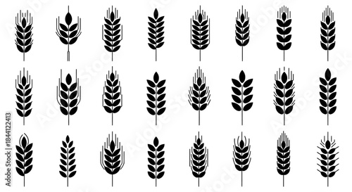 A collection of stylized black and white wheat and grain ear icons and silhouettes.