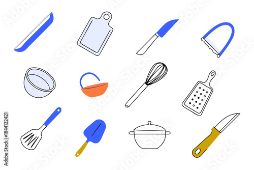 Collection of kitchen utensils and tools on for cooking and food preparation