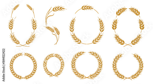 Collection of golden wheat wreaths and individual stalks, perfect for harvest or bakery designs.