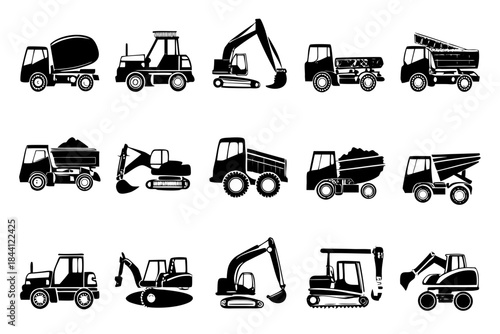 Collection of various construction vehicles and machinery icons in black silhouette