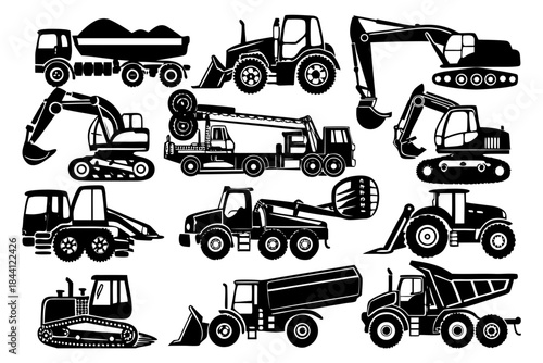 Collection of various heavy machinery and construction vehicles in black silhouette