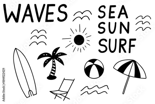 Black and white beach icons with surfboard, palm tree, sun and text on