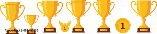 Golden trophy and award vector set featuring championship cups, medals, victory symbols and achievement illustration elements for sports designs