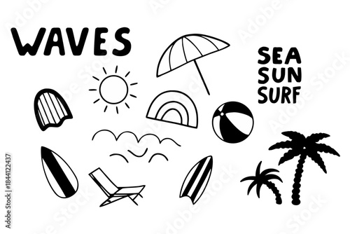 Black and white beach icons including waves, sun, umbrella, and palm trees on