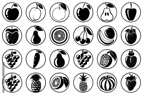 Black and white icons of various fruits
