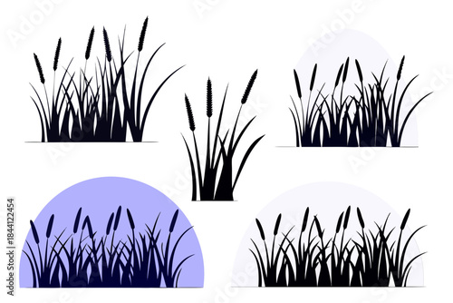 Collection of cattail silhouettes in various purple and white backgrounds for design use