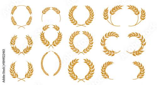 Collection of golden wheat wreaths and frames, symbolizing harvest, success, and agricultural abundance on a white background.