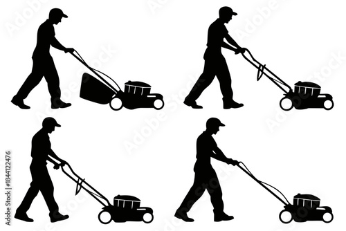 Four black silhouettes of a man pushing lawn mowers in different positions on