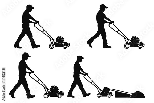 Man pushing lawn mower in different positions