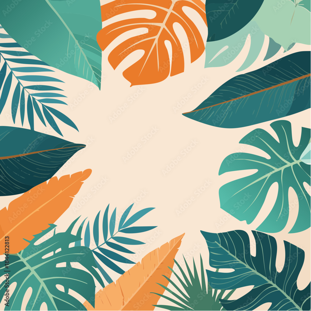 Naklejka premium Tropical Foliage Illustration with Vibrant Leaves and Neutral Background Accent