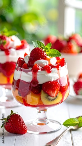 Fruity dessert layered in a glass, with whipped cream, mint, and a sunny background