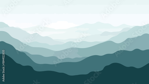 Serene Mountain Silhouette: An ethereal landscape of layered mountain ranges. Peaceful shades of blue and green create a tranquil ambiance, capturing the essence of the natural world.