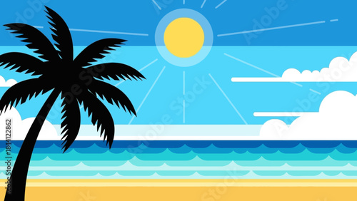 Tropical Paradise: A vivid illustration of a tranquil beach scene, where a solitary palm tree stands silhouetted against a brilliant sun, inviting serenity and relaxation.