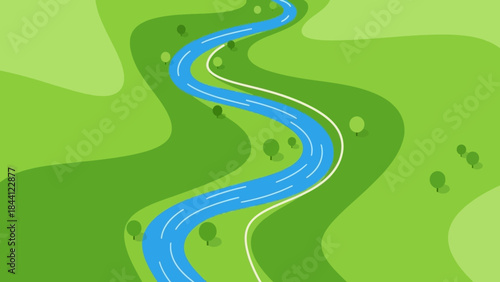 Serene River Landscape: A vibrant illustration showcasing a meandering river winding through lush, green hills, evoking a sense of tranquility and natural beauty.