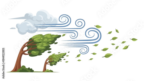 The Force of the elements: Illustrating a dynamic depiction of the wind's power, as it whips through the trees, carrying leaves and clouds in its gusty embrace.