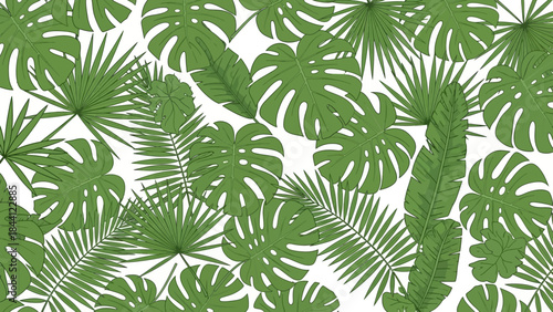 Tropical Leaf Pattern: The image showcases a lively and colorful arrangement of various tropical leaves, creating a sense of natural beauty and exotic tranquility.