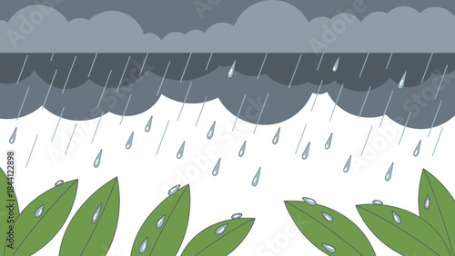 Rainy Day: Rain pours down upon vibrant green leaves. Overcast skies dominate, creating a calm atmosphere. This scene is evocative and dynamic.