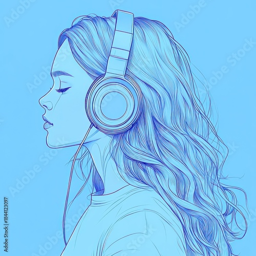 Side profile of a young woman with long flowing hair wearing large headphones, eyes closed in a calm and peaceful expression, rendered in blue tones
