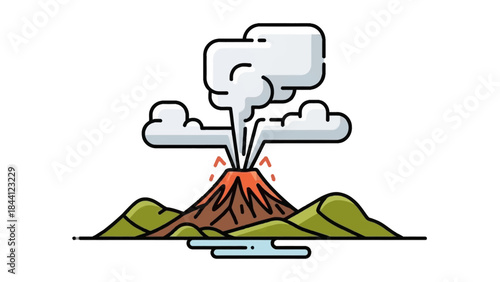 Volcano Eruption: A stylized illustration depicting a volcanic eruption, with a mountain spewing smoke and ash into the sky, creating a dramatic natural spectacle.