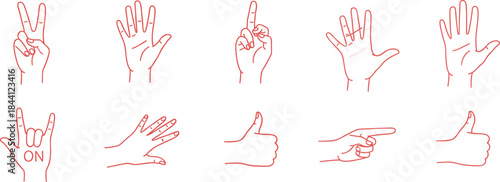 Hand gesture line art vector set featuring various signs, symbols, counting fingers, pointing, thumbs up and expressive minimal illustrations