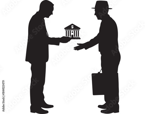 Silhouetted businessmen exchanging house model in minimalist illustration with stark contrast lighting for real estate marketing