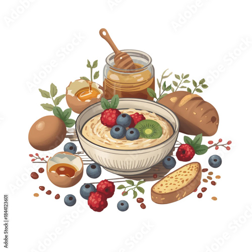 breakfast with jam and fruits