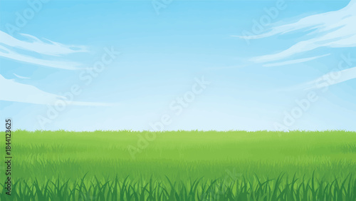 Beautiful bright green field with blue sky and clouds backdrop illustration