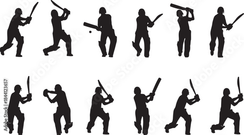 Collection of cricket batsman silhouette illustrating various batting shorts and technic 