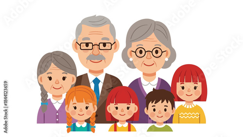 Cartoon family portrait illustration featuring grandparents children and grandchildren isolated on white