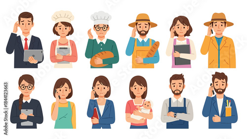 Cartoon collection of sad and worried professionals workers people isolated on transparent background