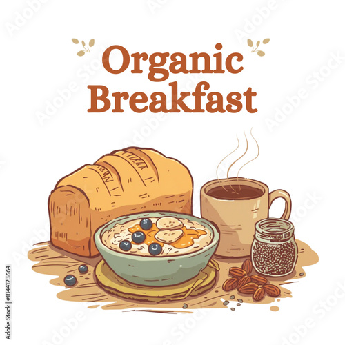 Healthy Breakfast Flat Illustration with Eggs, Toast, and Coffee