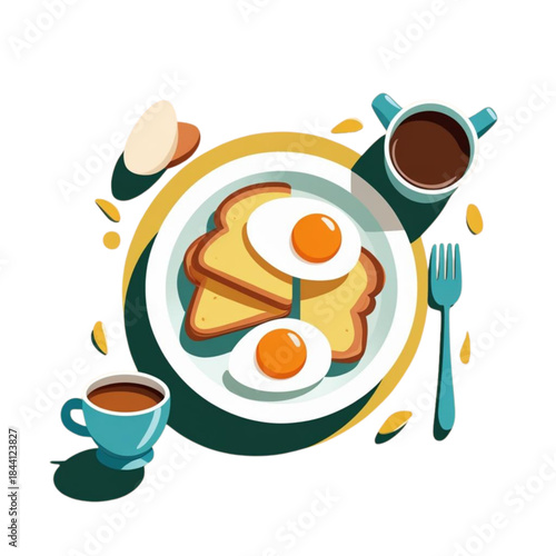 Healthy Breakfast Flat Illustration with Eggs, Toast, and Coffee