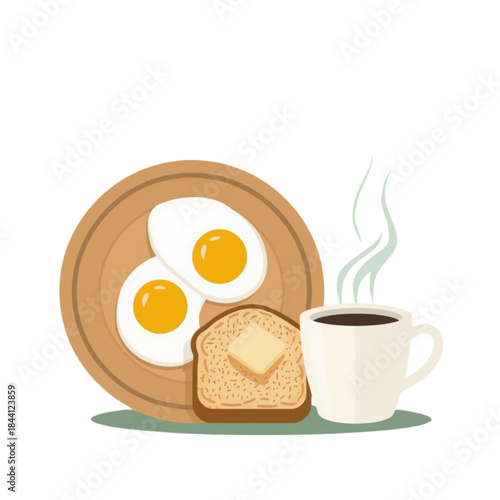 Healthy Breakfast Flat Illustration with Eggs, Toast, and Coffee