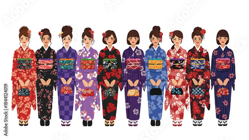 Charming illustration of nine women in traditional colorful kimonosJapanese style