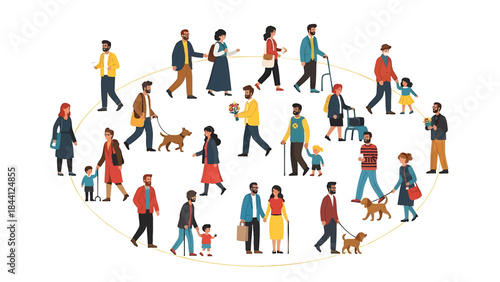 Diverse group of people in everyday life walking around together nicely presented