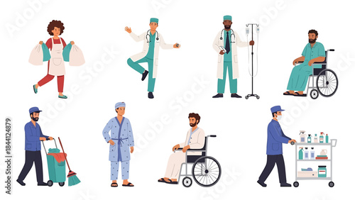 Diverse hospitalhealthcareworkerteamconcept with doctorspatientsandservicepersonnel isolated on transparent background