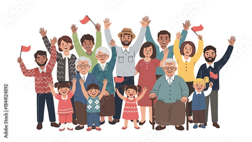 Diverse multigenerational crowd cheering and celebrating with flags on white background illustration