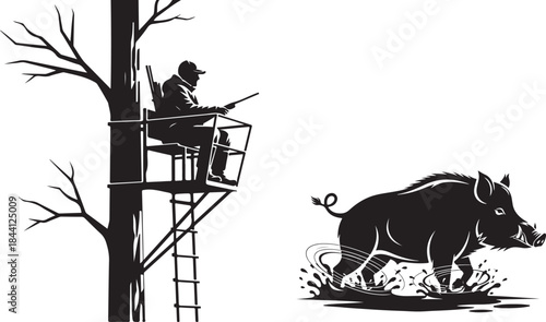 Silhouette shows a hunter in a tree stand aiming at a wild boar