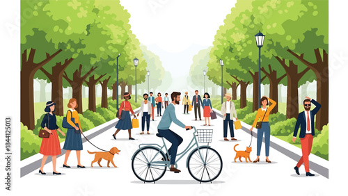 Diverse people enjoying a pleasant day in the city park avenue