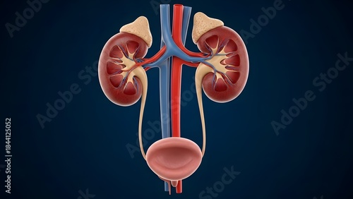 Ultra realistic 3D medical illustration of the human renal system isolated from the body, showing both kidneys with detailed renal arteries, veins, and ureters connected to the bladder. Accurate anato