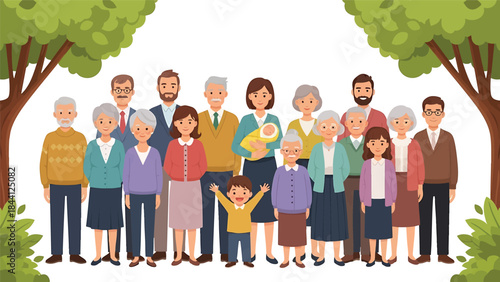 Extended multi generation family gathering together under tree with baby and boy