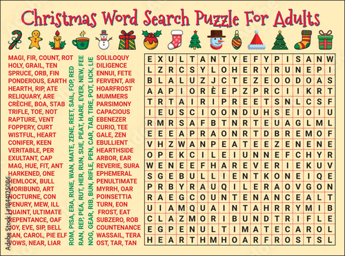 Challenging Christmas Word Search Puzzle for Adults and Seniors Vector. Difficult level Holiday Brain Teaser Game. Printable Winter Activity Sheet for Xmas Parties, Leisure and Pastime.