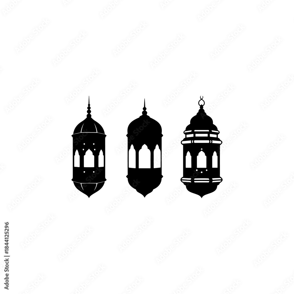 Obraz premium Three black silhouettes of traditional islamic lanterns for ramadan decoration isolated on transparent background